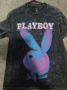 PLAYBOY Black Tee with Pink & Blue Bunny Graphic